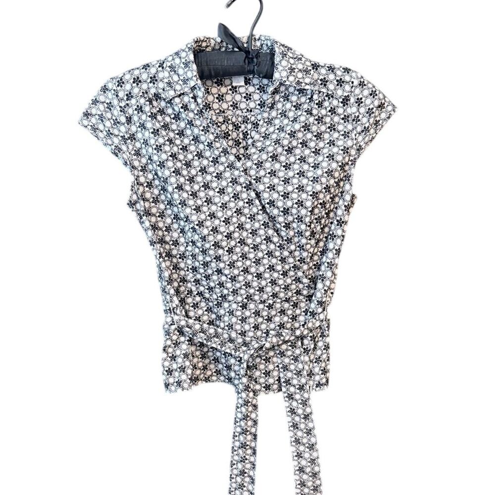 LOFT Black & White Floral Embroidered Wrap Blouse